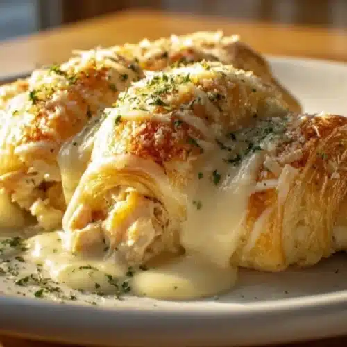 Delicious chicken pillows topped with creamy parmesan sauce on a plate