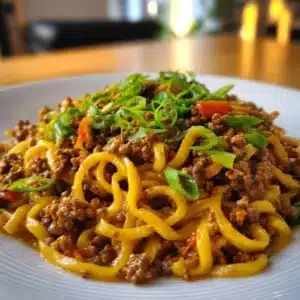 Mongolian Ground Beef Noodles plated and garnished, ready to serve.