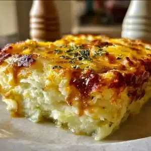 Creamy and delicious mashed potato casserole in a baking dish