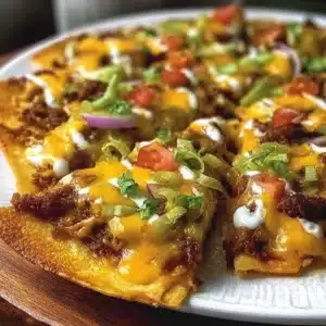 Delicious Nacho Pizza topped with cheese, jalapeƱos, and taco ingredients