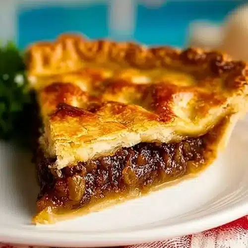 Slice of old-time mincemeat pie on a vintage plate