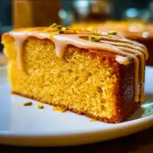 Sliced Orange Cardamom Cake topped with zesty orange glaze and garnish