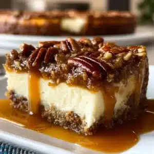 Slice of pecan pie cheesecake topped with caramel and pecans