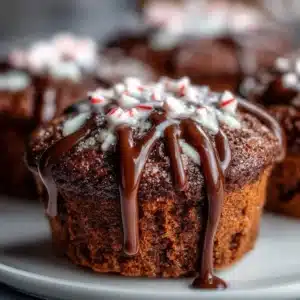 Peppermint hot chocolate muffins topped with chocolate and peppermint sprinkles