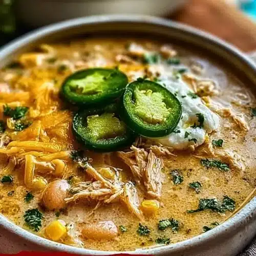 Bowl of Pioneer Woman white chicken chili garnished with cilantro and avocado.