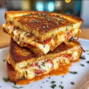 Mouthwatering Pizza Grilled Cheese sandwich with melted cheese and marinara sauce
