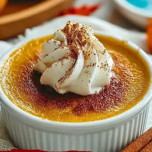 Delicious pumpkin custard served in a bowl, topped with whipped cream and spices.