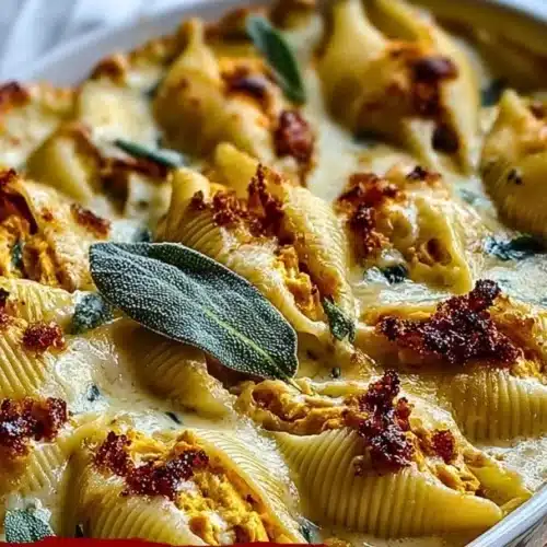 Pumpkin Gouda stuffed shells with brown butter sage Alfredo sauce served in a dish.