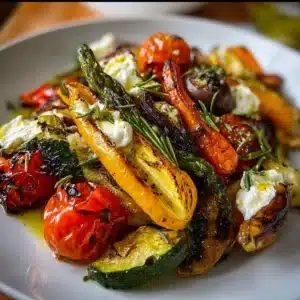 Quick roasted vegetables topped with creamy goat cheese, perfect for a healthy meal.