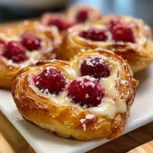 Freshly baked Raspberry Heart Danishes on a wooden table