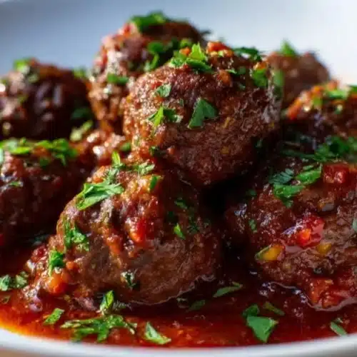 Plate of red grape juice braised meatballs garnished with herbs