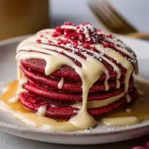 Delicious red velvet pancakes with cream cheese frosting on a plate
