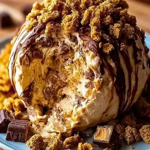 Delicious Reese's Cheese Ball dessert ready to serve at a party.