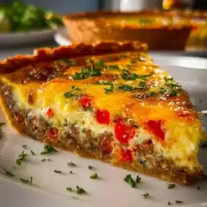 Sliced roasted red pepper and sausage quiche on a plate