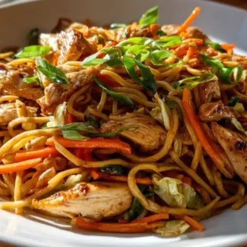 Plate of homemade chicken chow mein with colorful veggies and noodles