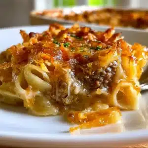 Delicious Simple French Onion Beef Casserole served in a baking dish