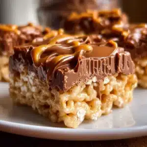 Delicious Snickers Rice Crispy Treats with chocolate and crispy rice.
