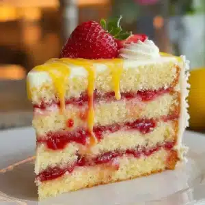 A vibrant strawberry lemonade cake layered with fresh strawberries and lemon icing.
