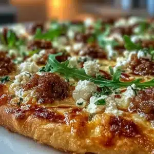Sweet and spicy hot sausage feta honey pizza with vibrant toppings