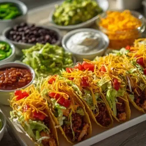 Taco dinner board filled with assorted toppings and tortillas for a festive meal.