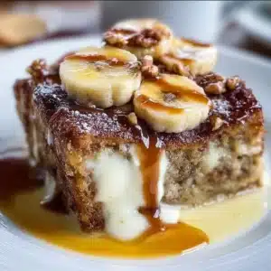 Delicious banana bread pudding served warm with a caramel drizzle