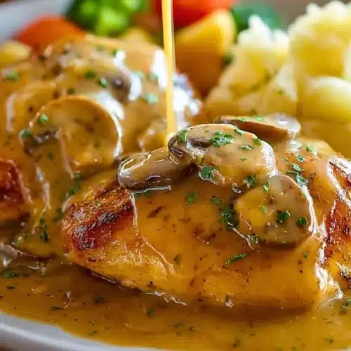 A delicious plate of Texas Roadhouse Smothered Chicken topped with mushrooms and cheese.