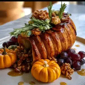 Beautiful Thanksgiving cornucopia centerpiece adorned with seasonal fruits and flowers.