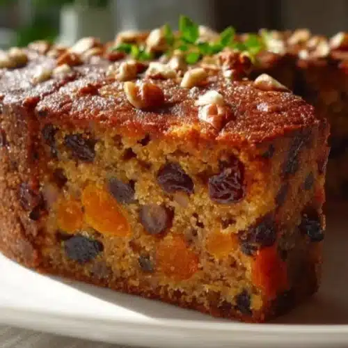 Delicious old fashioned fruit cake made with a rich mix of fruits and nuts.