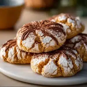 Tiramisu Crinkle Cookies with a dusting of powdered sugar on a white plate.