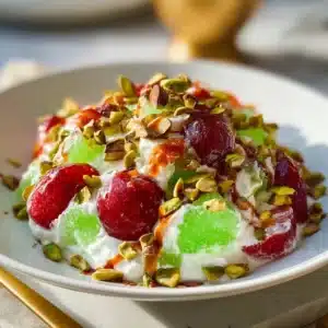 Traditional Watergate fruit salad with pistachios in a bowl