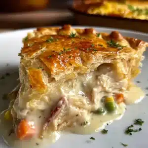 Delicious homemade Turkey Pot Pie topped with a golden crust and fresh herbs