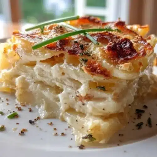 Ultimate cheesy garlic potatoes gratin topped with melted cheese and herbs
