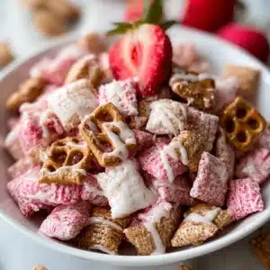 Valentine's Strawberry Cheesecake Puppy Chow dessert in a bow-tied bowl