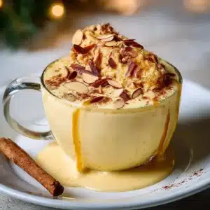 Glass of Vegan Almond Eggnog with festive decorations