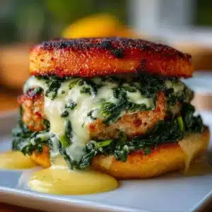 White Cheddar Spinach Chicken Burger served on a plate with toppings