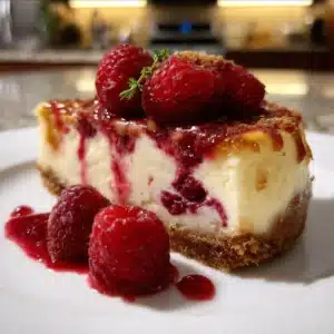 Delicious slice of white chocolate raspberry cheesecake topped with fresh raspberries